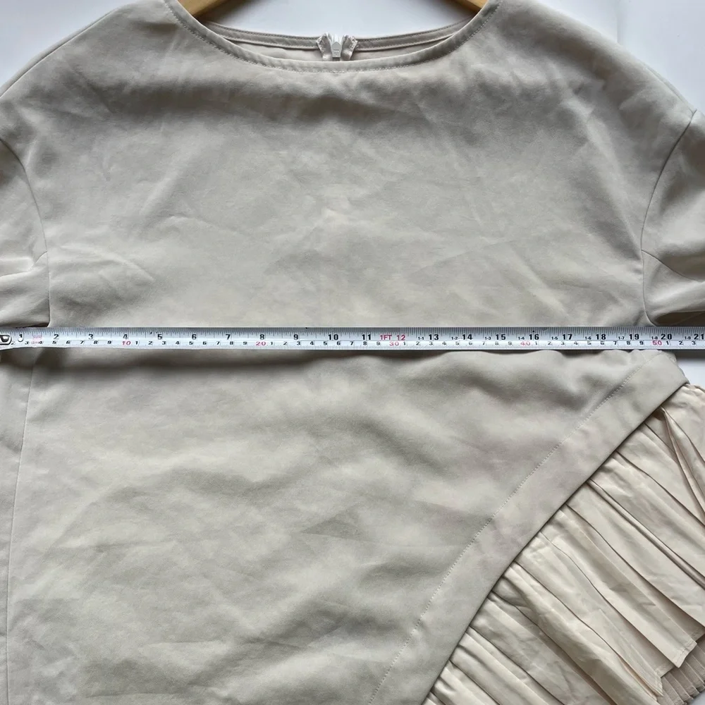 Elendeek Tail Pleated Bell Sleeve Sweatshirt Beige  Blouse  Pleated Accent - Picture 5 of 6